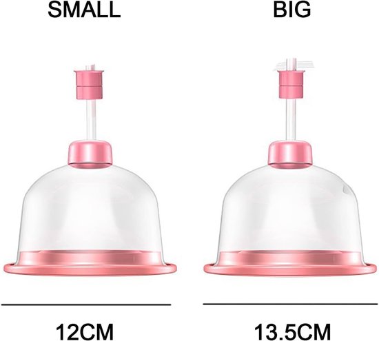 Twee borstvergrotingscups naast elkaar. De linker is 12 cm, de rechter is 13,5 cm. Beide met transparante cups en roze randen.