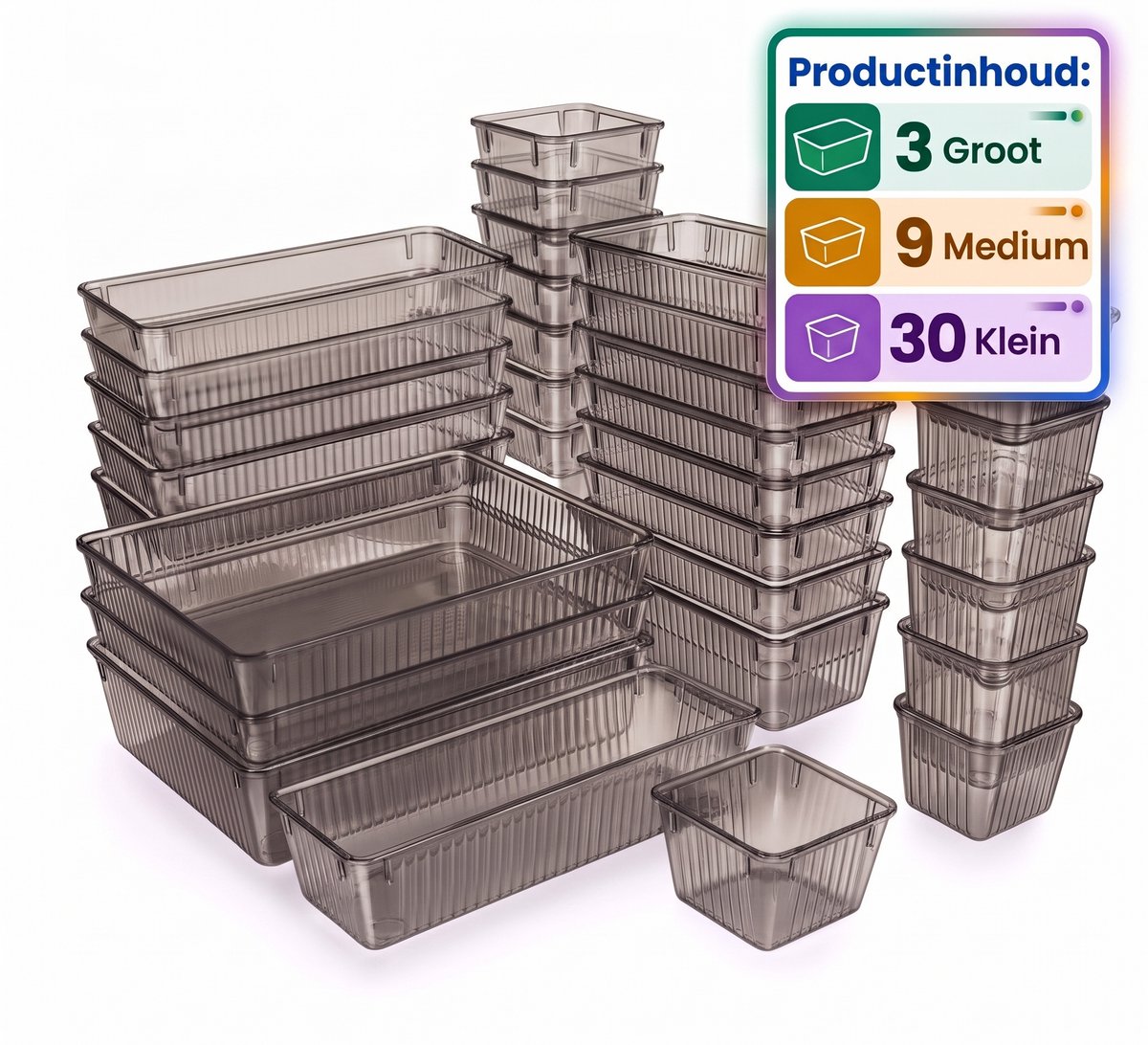 INDECOR Lade Organizer Bakjes - 42 Stuks - Organizer Bakjes - Lade Bakjes - Ladeverdeler - Bestek Organizer - Opbergbakjes - Make-up Organizer - Voor Keuken, Badkamer & Bureau - Kunststof - Fumé