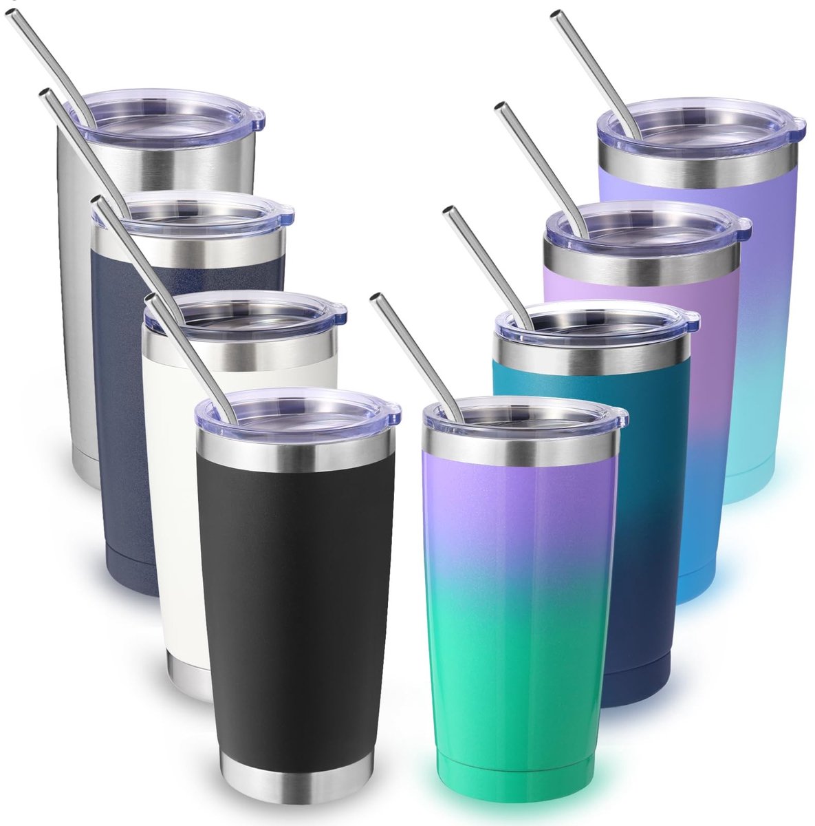 Elzusha - Set van 8 RVS Isolerende Reistumblers 550ml met Deksel en Rietje