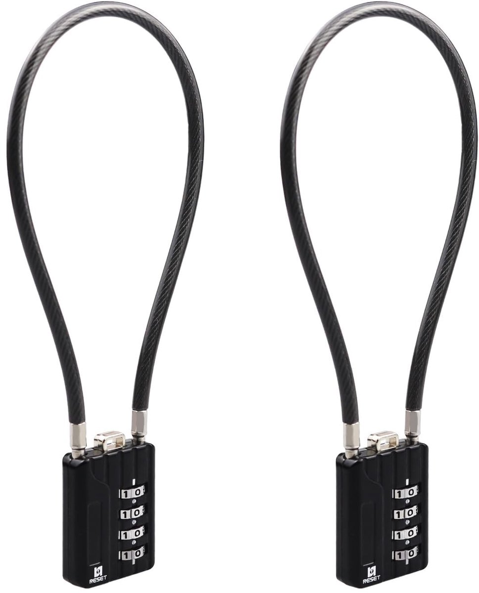 Elzusha - 4-Digit Combinatieslot met 30cm Stalen Kabel - Zwart, 2-Pack