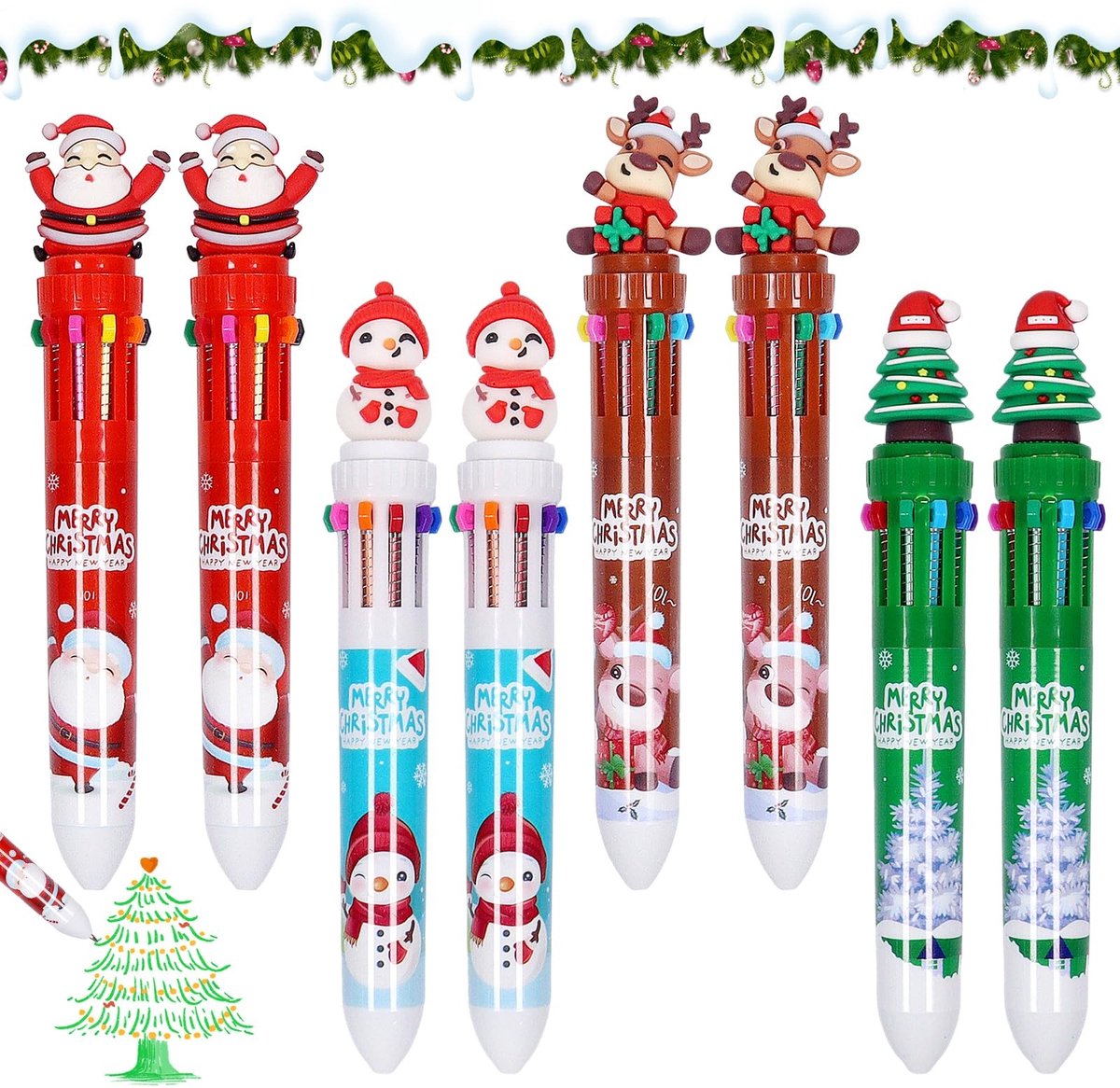 Elzusha - 10-in-1 Multicolour Balpen Set - Met Kerstthema