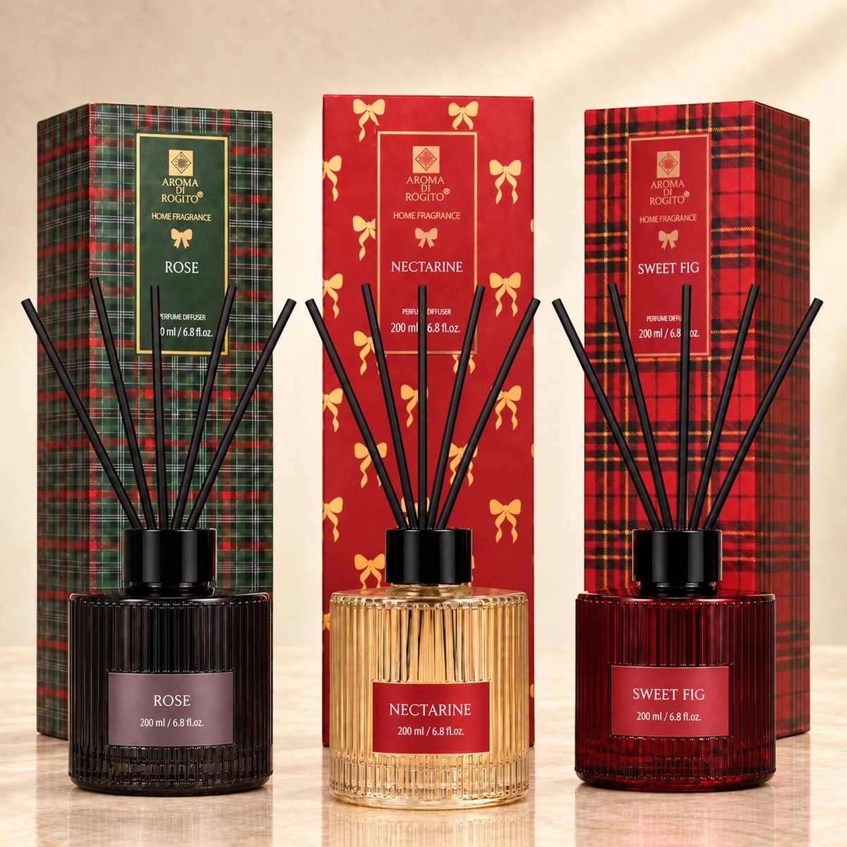 EasyMart Geurstokjes Set 3-Delig - Huisparfum & Geurverspreider - Premium Diffuser Set - 3x 200ml met Rotan Stokjes - Rose, Nectarine & Sweet Fig - Luxe Interieur Geur voor Woonkamer, Badkamer & Toilet