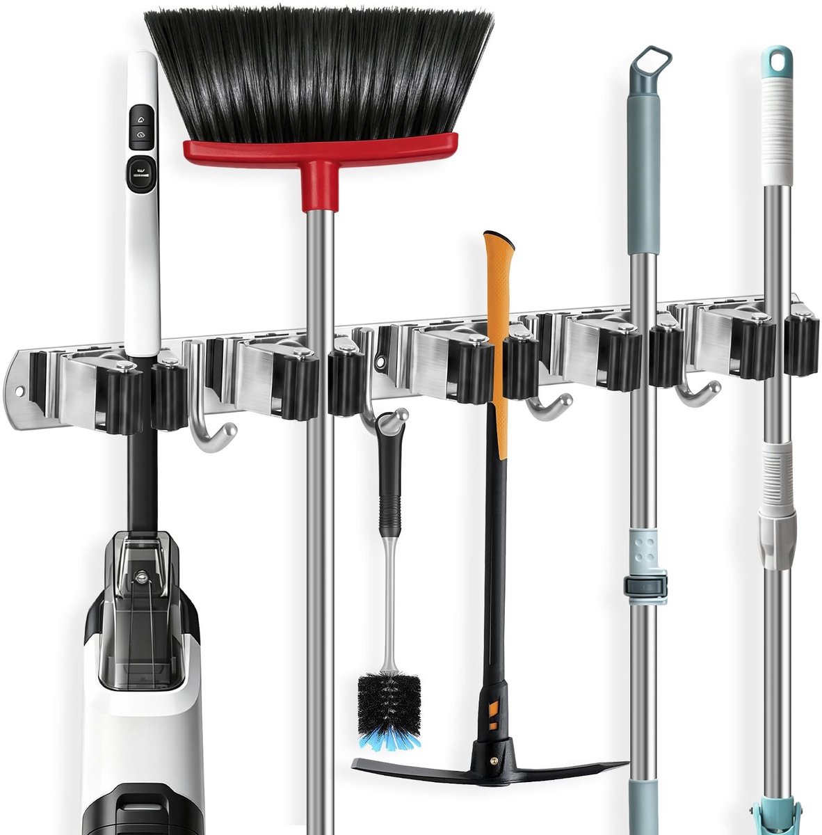 Elzusha - Mop en Bezemhouder Wandmontage - Roestbestendig Rvs met 5 Racks en 4 Haken
