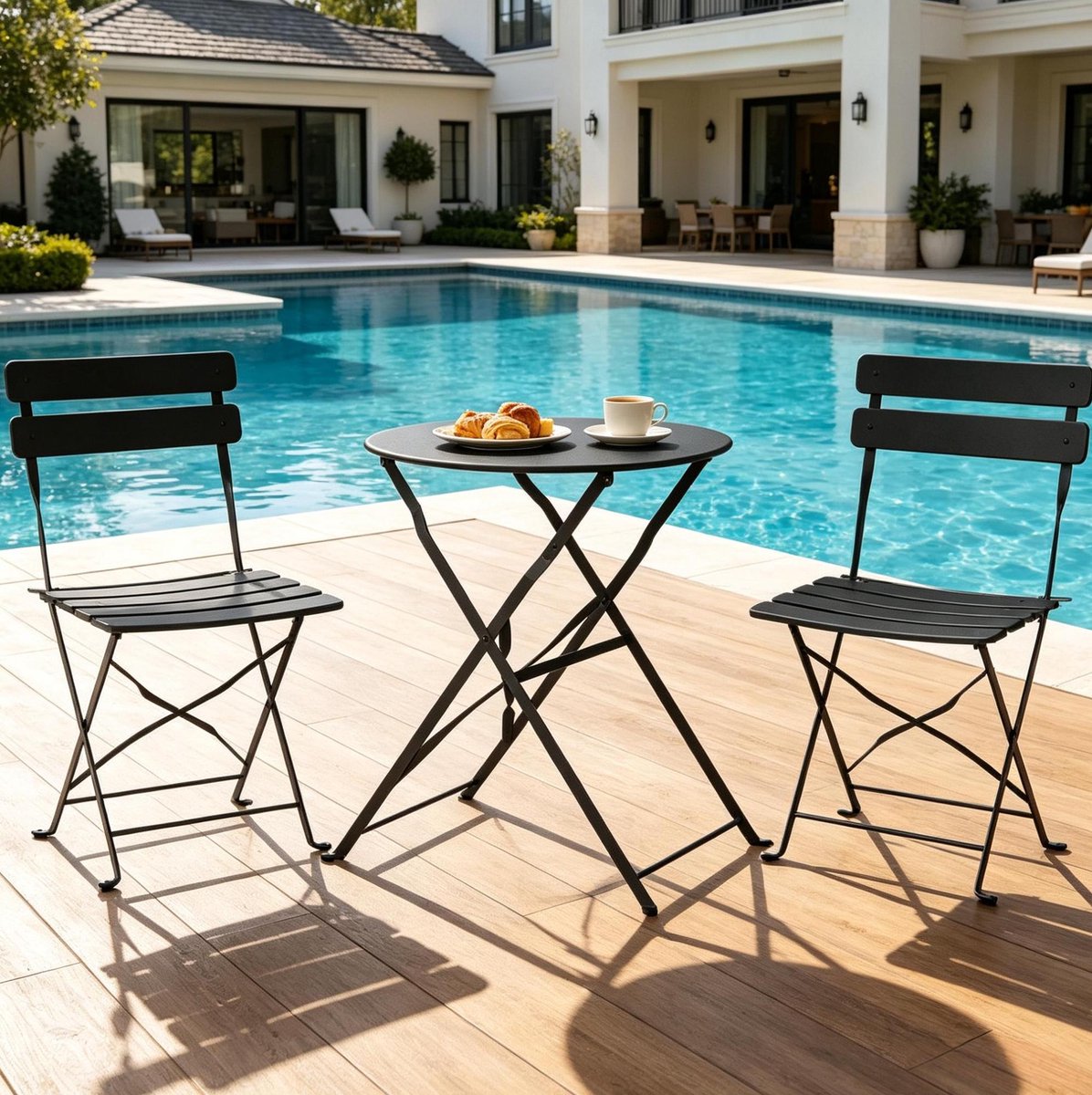 REDOM - Bistroset - Opvouwbaar - Ronde tafel met lattenstructuur - 2 stoelen en 1 tafel - Moderne stijl - Balkon en tuin - Metaal - Zwart - Ø 58 x 70 cm