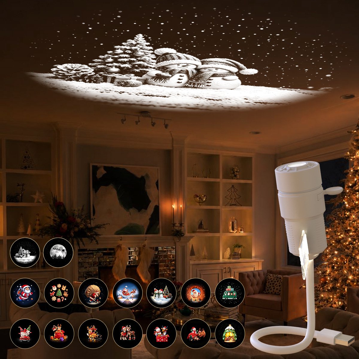 Casalora® 2-in-1 Kerst Sterrenhemel & Projectorlamp – 16 Verwisselbare Kerstfilms, 5D Hologramm, 6 Kleuren Dimbaar, 360° Flexibele Zwanenhals, USB – Kerst Nachtlampje voor Kinderkamer, Slaapkamer & Feestdecoratie