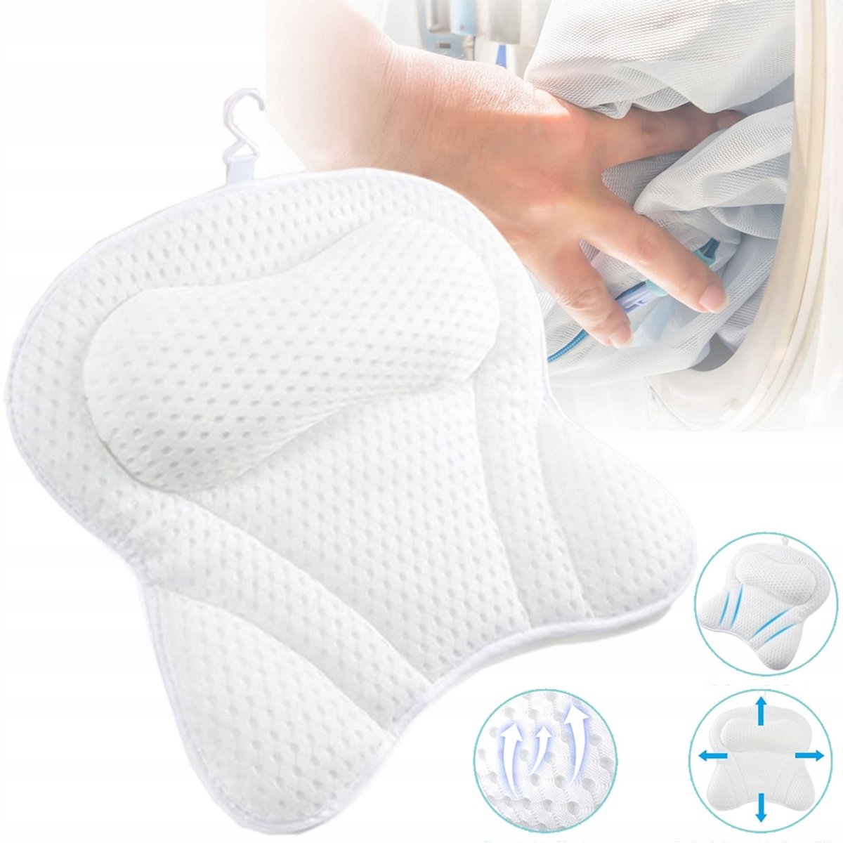 Antislip Badkussen Met 6 Zuignappen En Haak - 4D Ademend Mesh, Hoge Elasticiteit, Sneldrogend & Antibacterieel, Dik Ondersteunend - 40x42x6cm - Voor Bad, Whirlpool En Spa - Wit