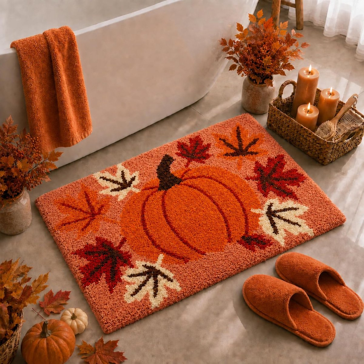 Badkamermat - 61 × 43 cm - Antislipmat - Badkamermat met herfstthema - Patronen met pompoenen en herfstbladeren - Machinewasbaar - Geschikt voor vloeren in de slaapkamer, keuken en badkamer - Oranje