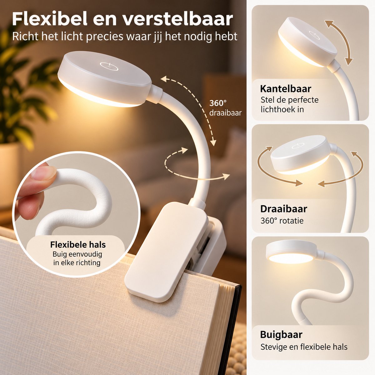 Nina's Giftshop® Leeslampje voor Boek – Boekenlamp met Klem – 3 Lichtstanden – Flexibel – LED Leeslamp – Op Batterijen – Leeslampje Bed — cadeau in Gadgets - foto 3