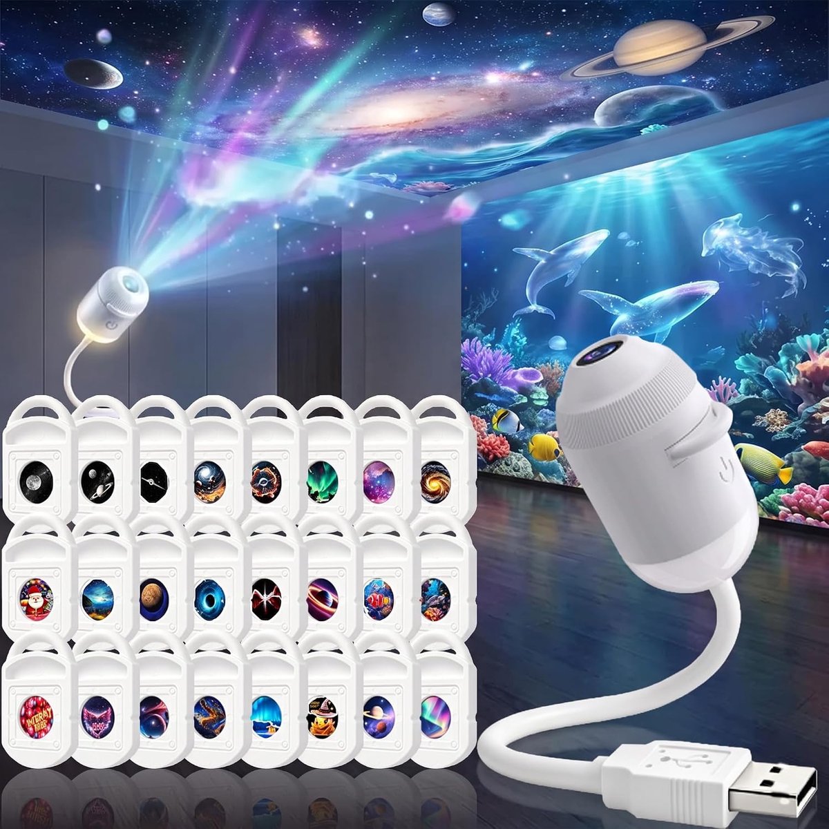 2‑in‑1 5D holografische Melkweg sterrenprojector, nachtlampje met 24 projectieschijven, 360° draaibaar, USB‑gevoed, plug‑and‑play, dynamische HD plafondprojector voor de kinderkamer, sfeerverlichting [Energieklasse A+++]