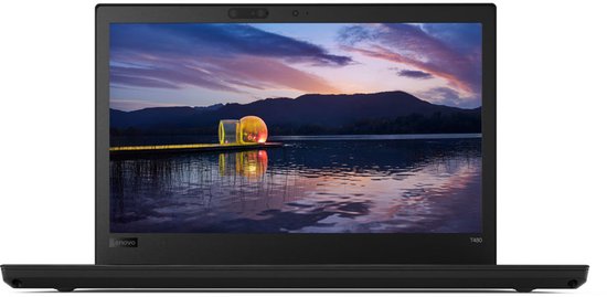 Lenovo ThinkPad T480 laptop met een scherm dat een zonsondergang met water en bergen toont.
