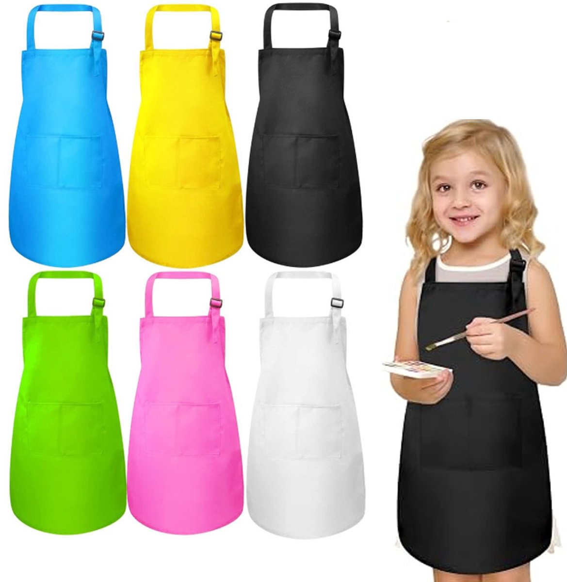 Schort - Keukenschort - keukenschort kind - 6 stuks - verfschort kinderen - verfschort - keukenschorten - Meerkleurig - tuinschort - met Zakken - Geschikt voor Barbecue, Restaurant, Tuin