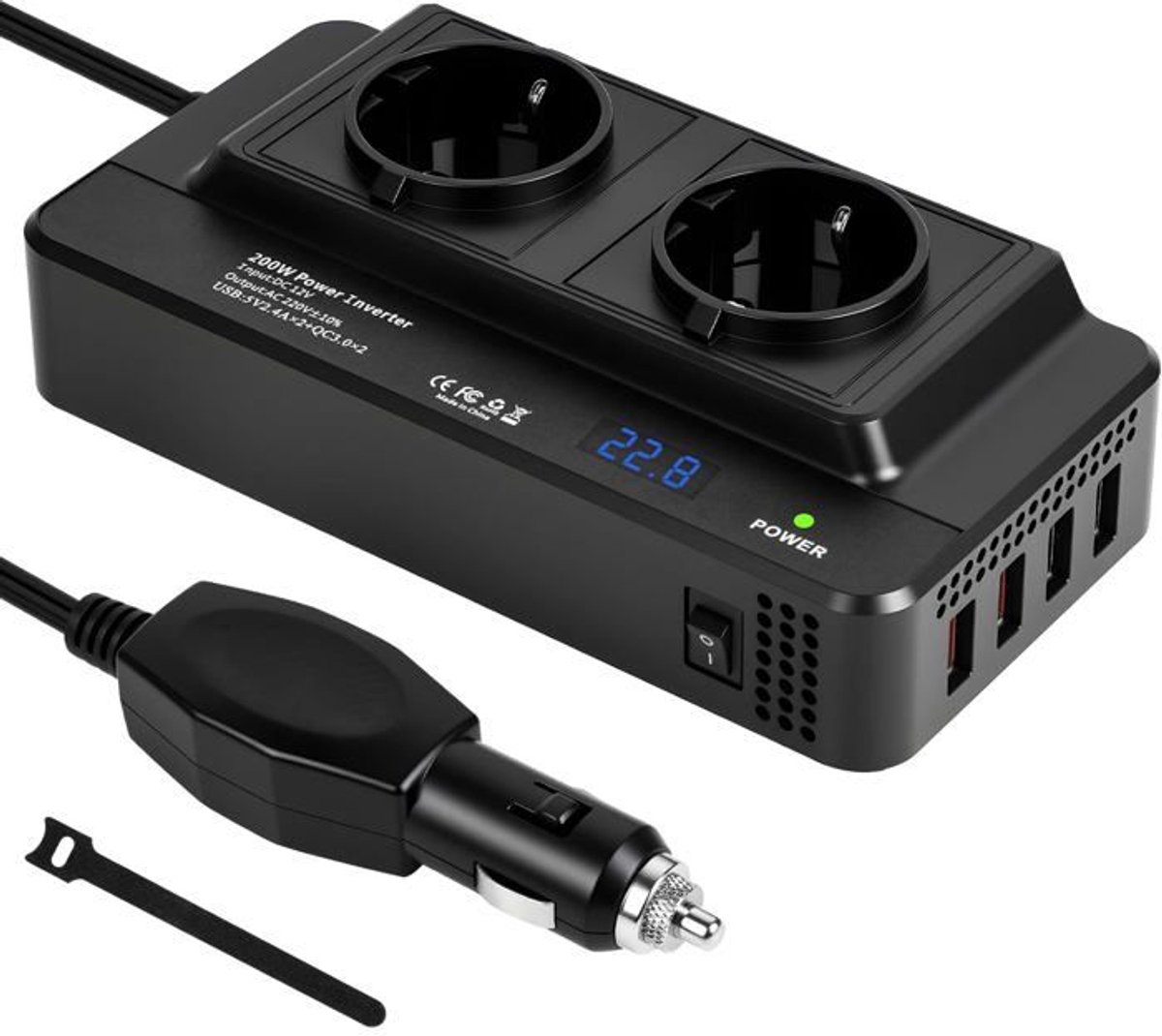 Autostroomomvormer - 200W 12V naar 230V LCD - 2 EU-stekkers, 4 USB-poorten, krokodilklem voor campers