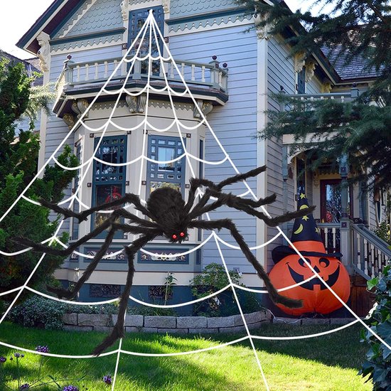 500cm Spinnenweb Halloween Decoratie met 15cm Grote Nep Spinnen - Halloween Versiering voor Buiten / Binnen - Voor Tuin, Huis, Verkleedfeesten, Spookhuisdecoratie - SOLLBRY®