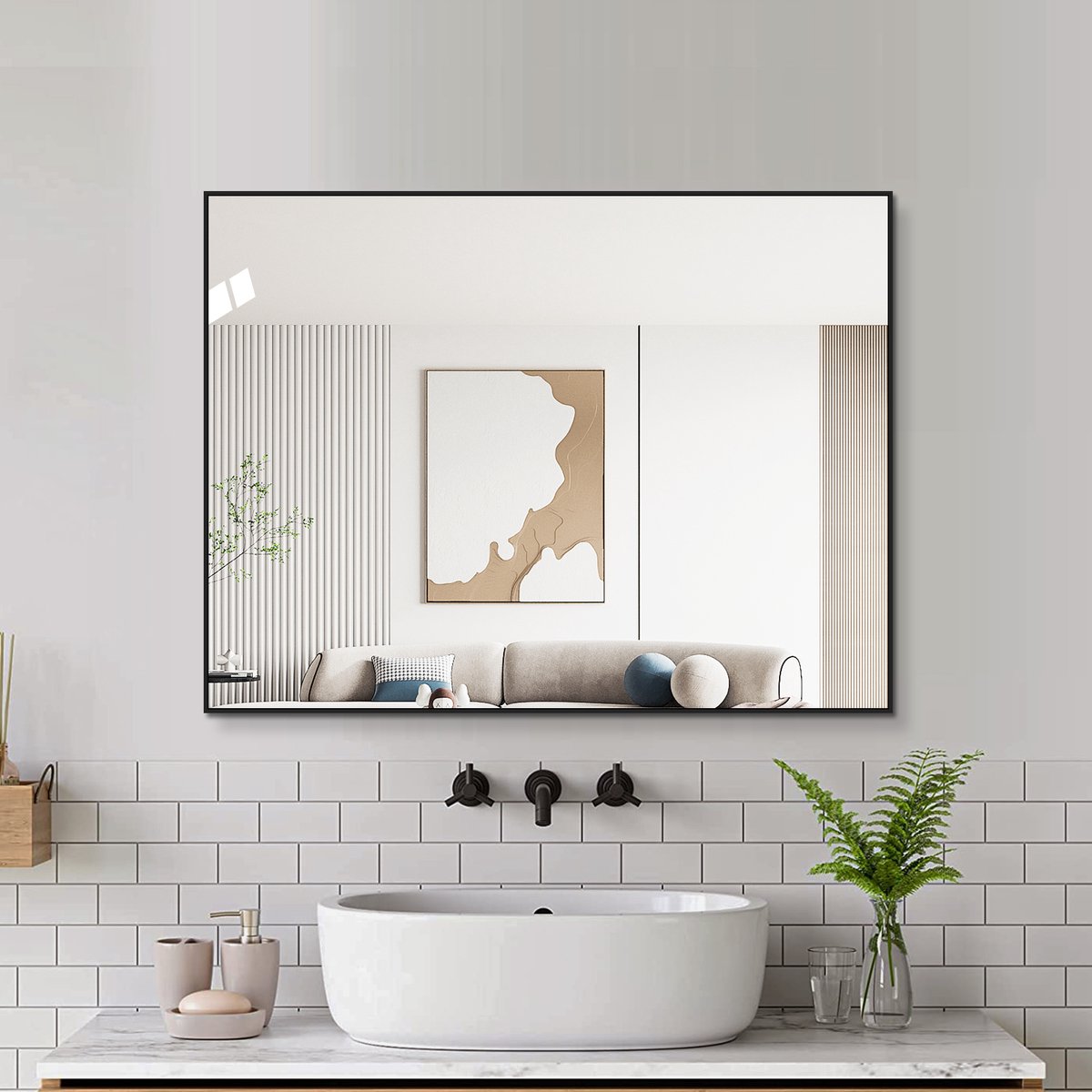 Badkamerspiegel van 60x80 cm met zwart aluminium frame, koperloze HD-wandspiegel, kan horizontaal en verticaal worden gemonteerd, voor badkamer, hal en kleedkamer.