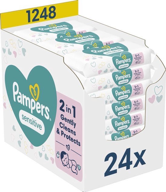 Doos Pampers Sensitive babydoekjes, 24 pakken met elk 52 doekjes. De doos heeft hartjesprint en de tekst "24x".