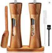 Peper en Zoutmolen Set - Acaciahout - Verstelbare Maalgraad - Inclusief Houder, Navullepel & Reinigingsborstel - Luxe Cadeauverpakking