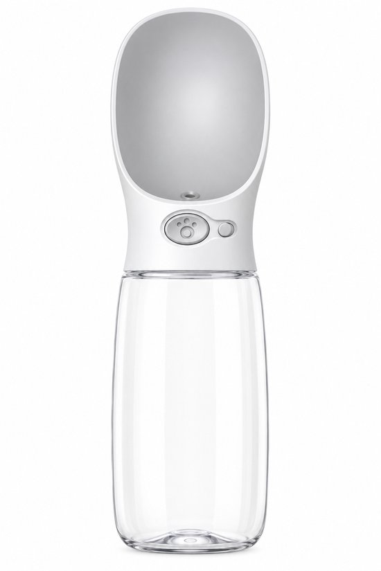 Gourde blanche pour chien avec réservoir d'eau transparent et un abreuvoir blanc avec icône de patte.