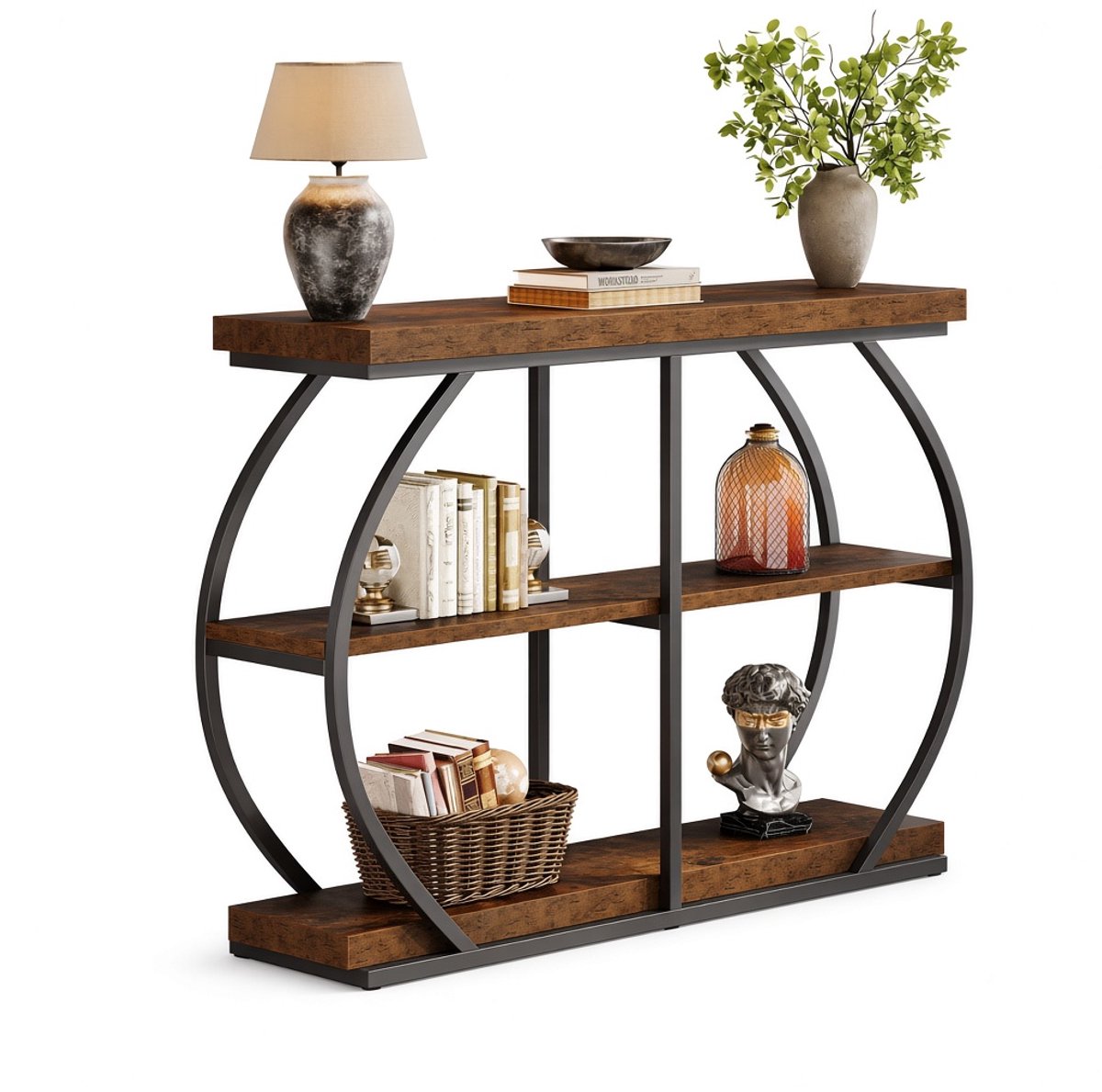 Mura Bijzettafel - Sidetable - Wandtafel - Haltafel - Gangtafel - Meubel - 3 Opbergplanken - 105cm Breed - Hout/Metaal - Bruin
