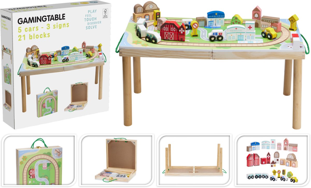 Relaxwonen Houten Treintafel met Treinbaan – 30-delige Speelset – Inclusief 5 Auto’s, Blokken en Seinen – 59,6 x 29,8 x 29 cm