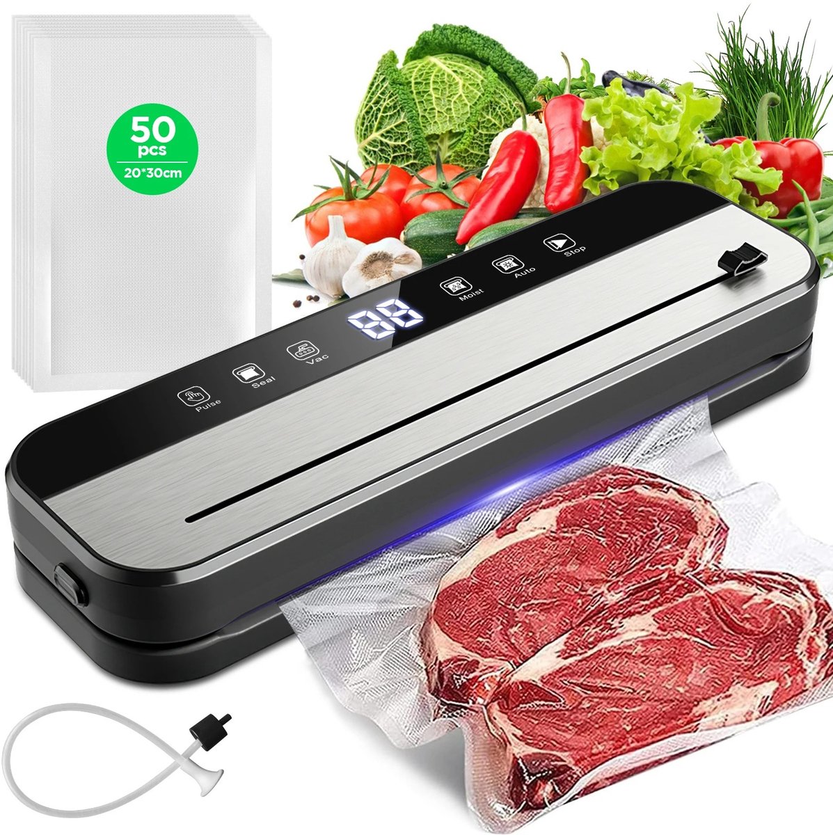 AALVERO - Vacumeermachine - Vacuümsealer - Vacuümapparaat - Keuken - BBQ - 30cm - 75Kpa - Externe vacuumslang - 220V - Zwart