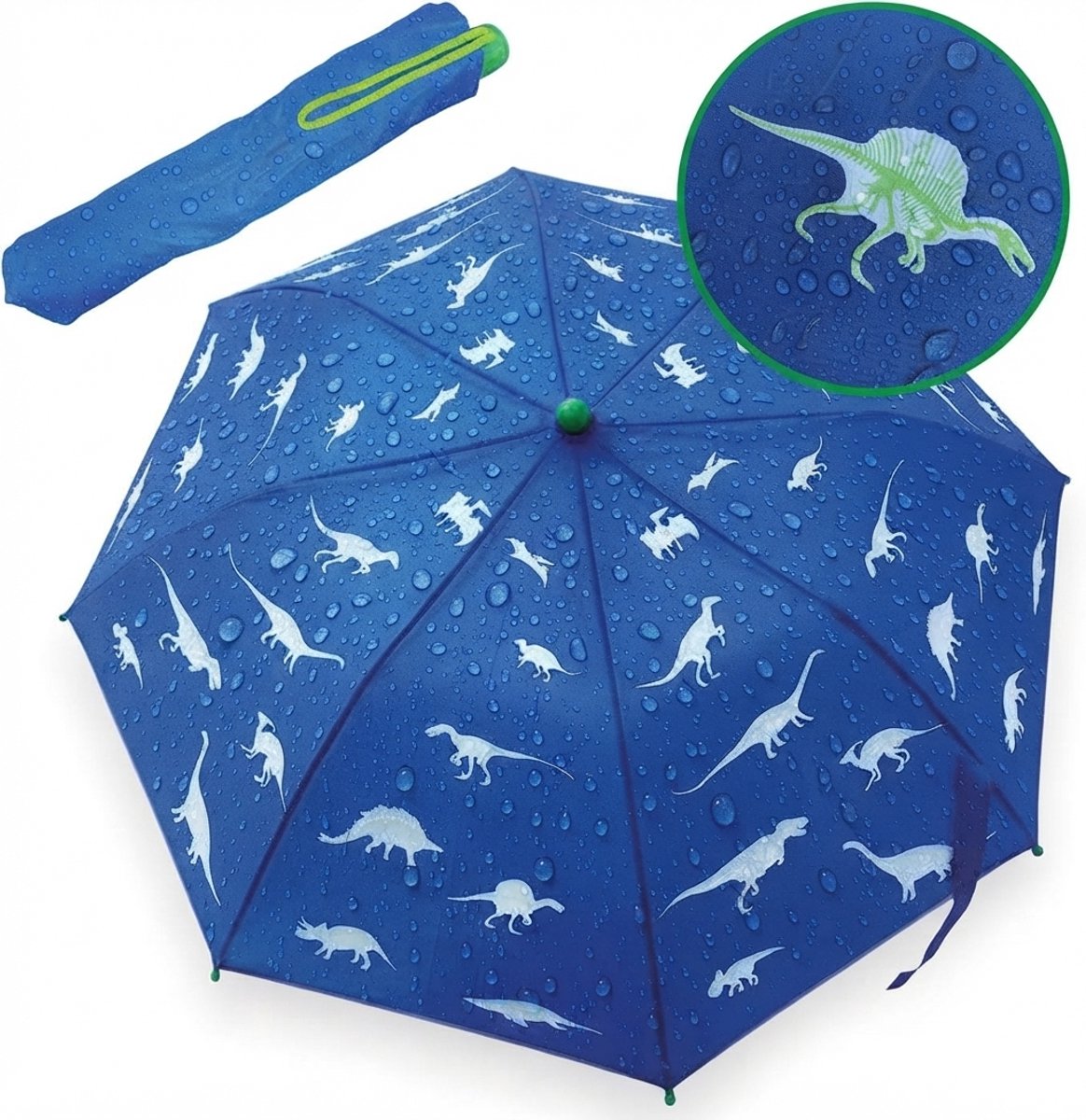 Livatto Magic kinderparaplu met dinosaurusprint, kleurwisselend bij regen, vouwparaplu met reflectie, houten handvat