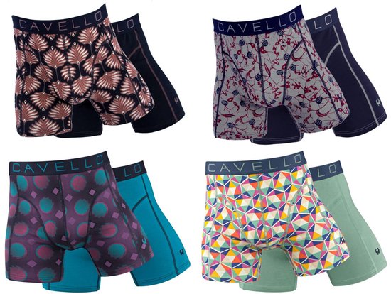 Vier paar Cavello boxershorts met verschillende prints: bladeren, bloemen, geometrische vormen en stippen.