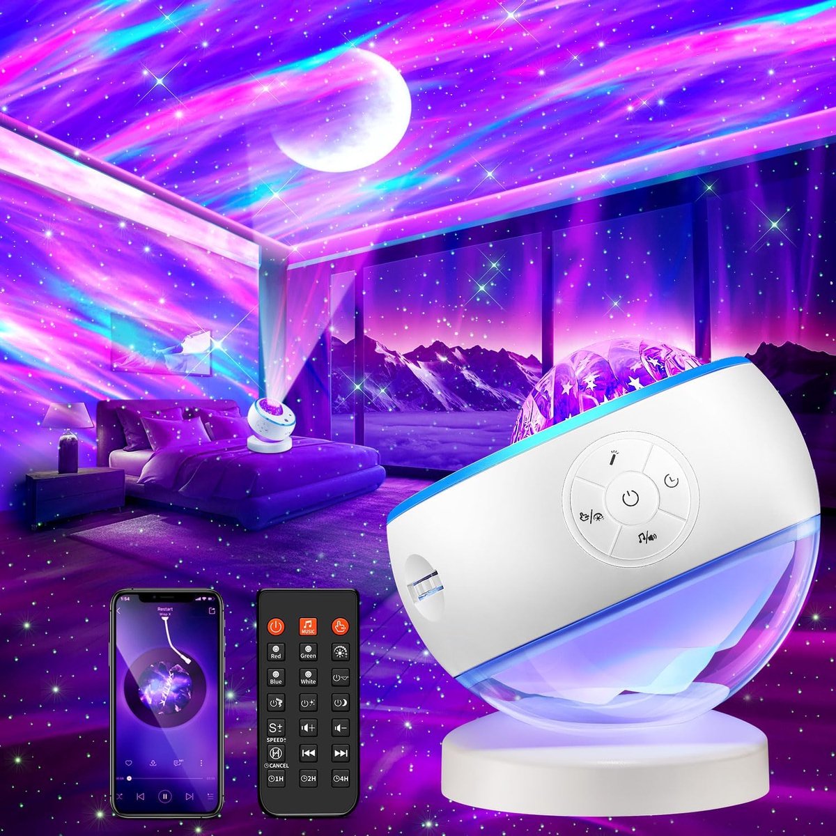 Light Noorderlicht Projector - 16 Kleuren Met 15 Witte Ruisgeluiden, 5 Maan en Ster Aurora Effecten - Bluetooth en Afstandsbediening + Timer