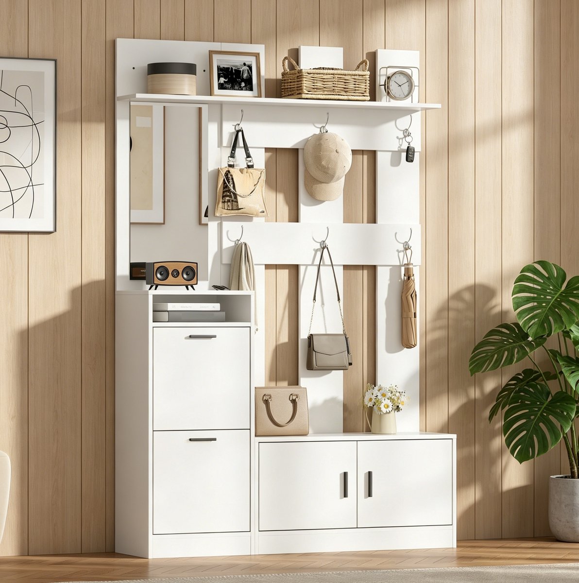 DESMIU Halmeubel - Garderobekast Met Spiegel En Schoenkast - 6 Haken En Opbergruimte Voor Hal - MDF - 120x30x180 Cm - Wit