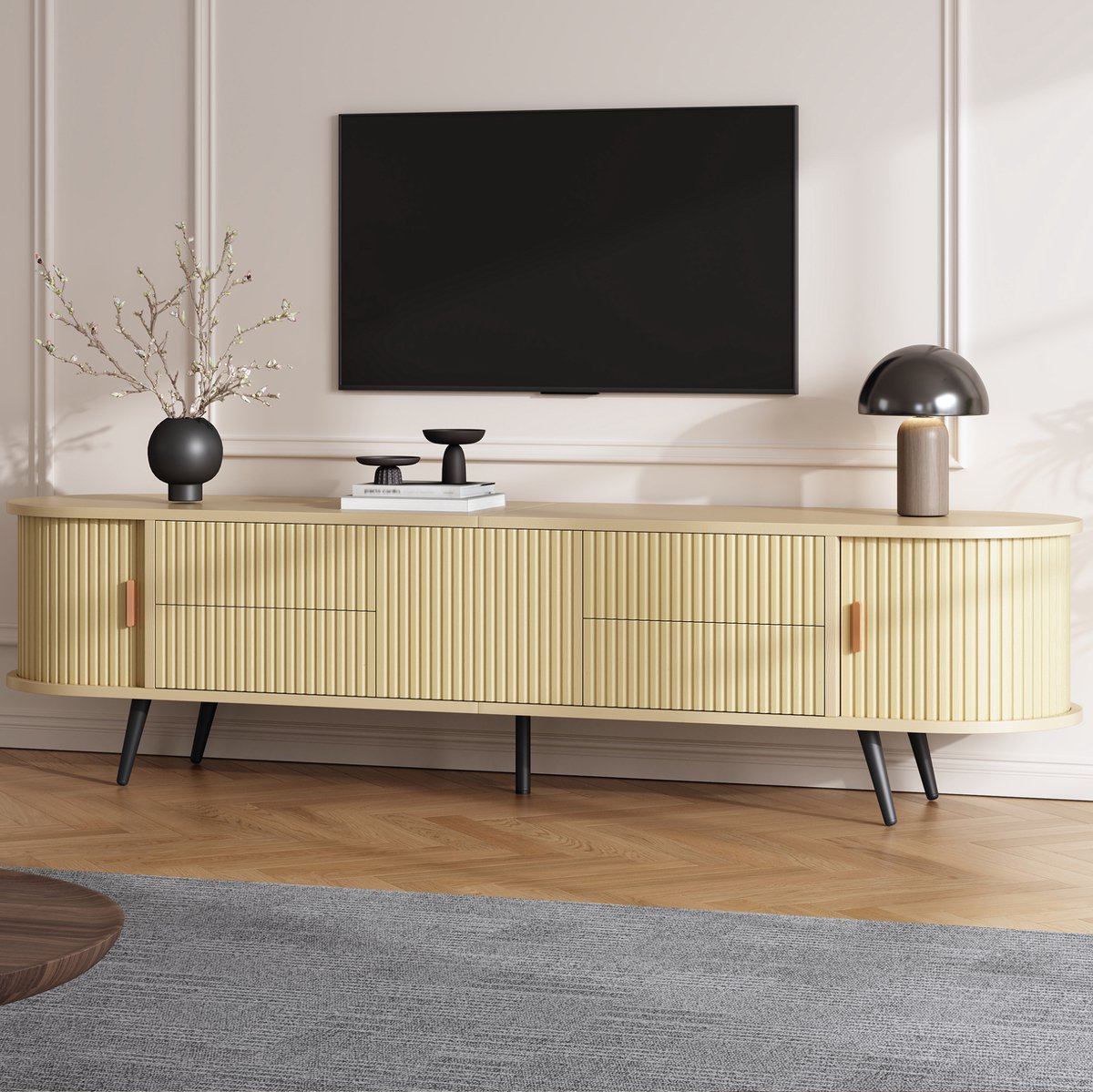 REDOM - TV-meubel - Ovale vorm met afgeronde hoeken - 4 lades en roldeur - Verticale strepen - MDF - Natuurlijk - 180 x 40 x 45 cm
