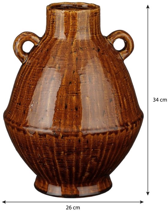 Bruine keramieken vaas met twee handvatten, geribbeld patroon, H34 x Ø26 cm.