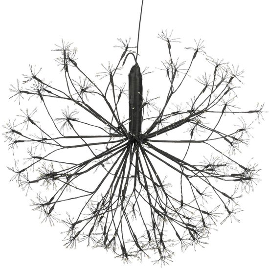 Une lampe de Noël noire en forme de sphère, avec de fines tiges ramifiées portant des lumières à leur extrémité. La lampe est suspendue à un fil.