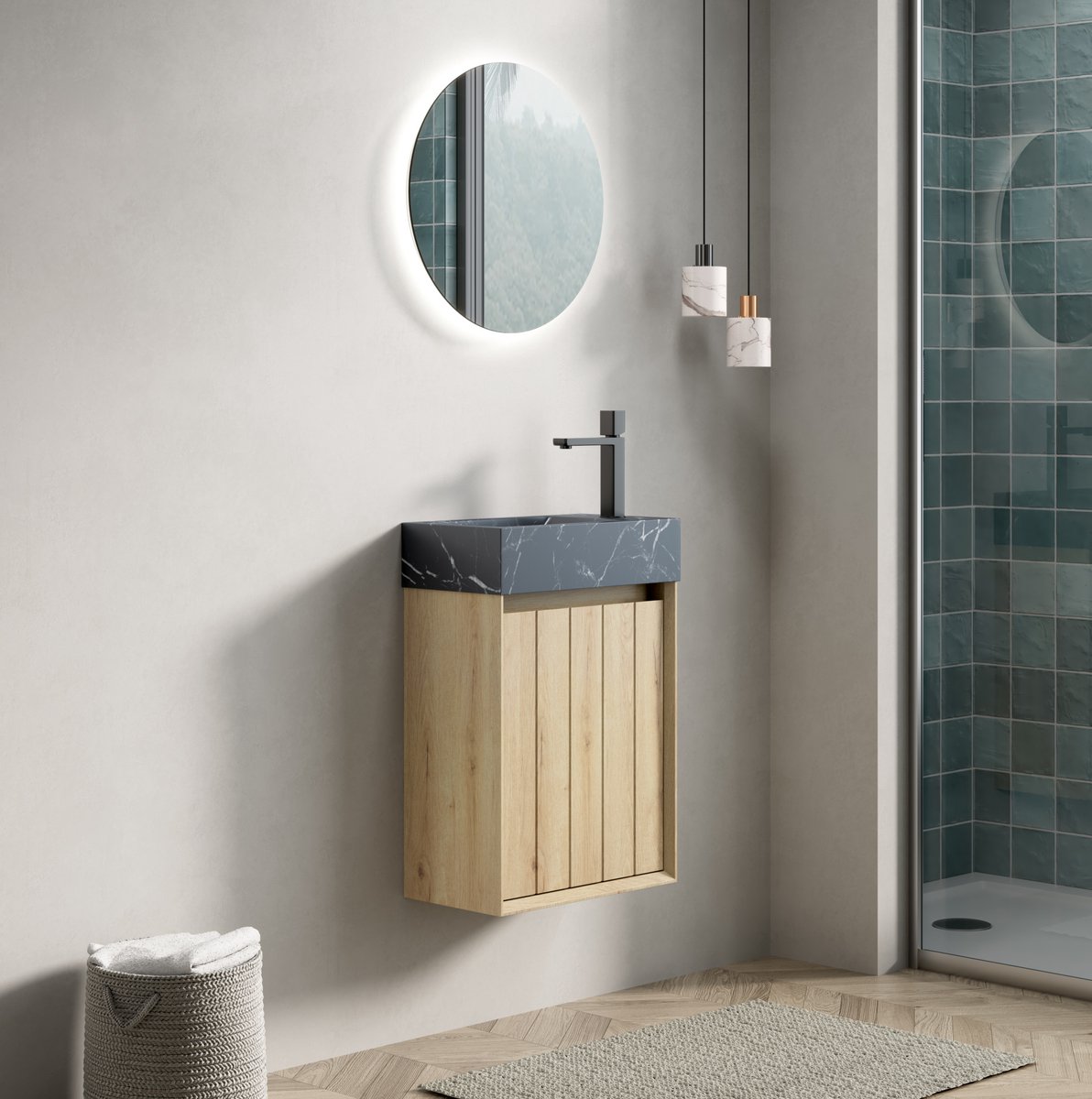 DESMIU Badkamerkast - Wandhangend Wastafelmeubel Met Natuurmarmeren Wastafel - Kleine Badkamer - Wit Eiken - 40 Cm - Eén Deur Zwart