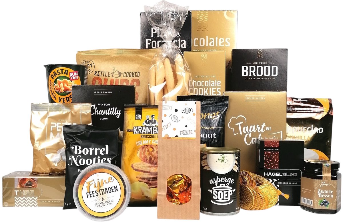 Kerstpakket "De Baron" - Chique Zwart Goud Kerstpakket - Complete Geschenkdoos met Borrelhapjes, Broodmix, Toffees & Cappuccino - Luxe Kerstcadeau Personeel & Relaties - 21-Delig Eindejaarscadeau – foto 2