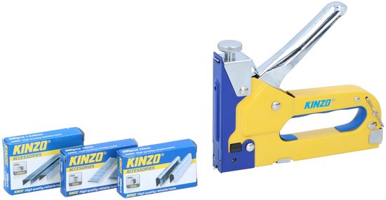 Gele en blauwe Kinzo tacker met drie doosjes nieten.