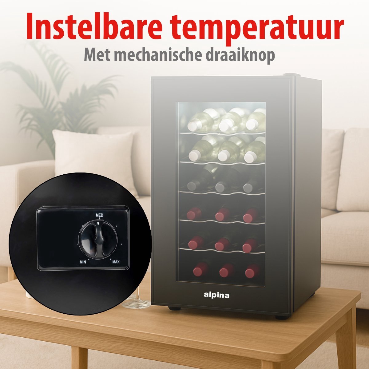 alpina Wijnkoelkast 50L – Wijnklimaatkast Vrijstaand voor 18 Flessen – Wijnkoeler zonder Compressor – Wijnkoelkast met Glazen Deur en LED Verlichting – 66 x 34,5 x 49cm – Zwart – foto 6