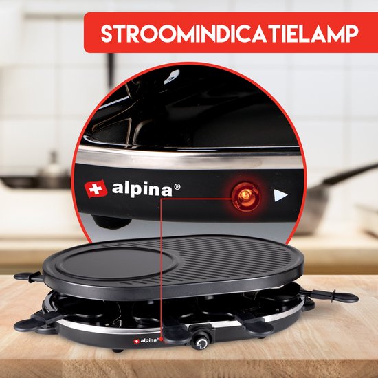 Gourmetstel met bakplaat, pannetjes en een brandend rood indicatielampje. Tekst: STROOMINDICATIELAMP.