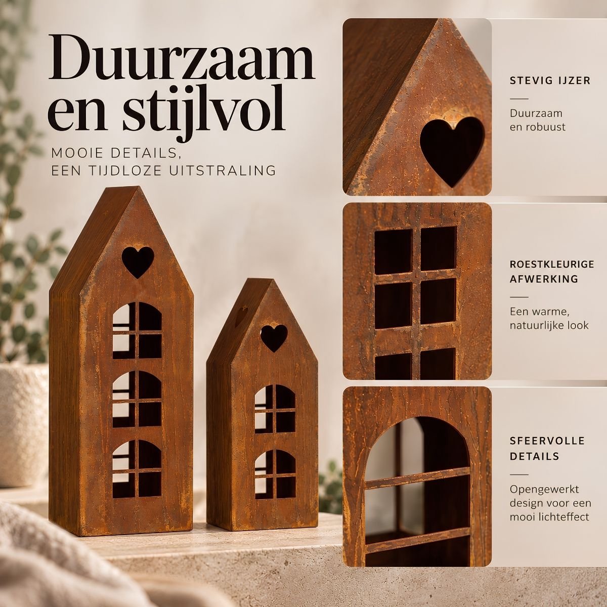 Mica Decorations Lantaarn Huis Roest Set van 2 - Decoratieve Lantaarns in Huisvorm - Sfeervolle Verlichting voor Kaars of LED - Gemaakt van Ijzer - L16,5 x B12 x H48 cm - Roestbruin — cadeau in Wonen & Interieur - foto 4
