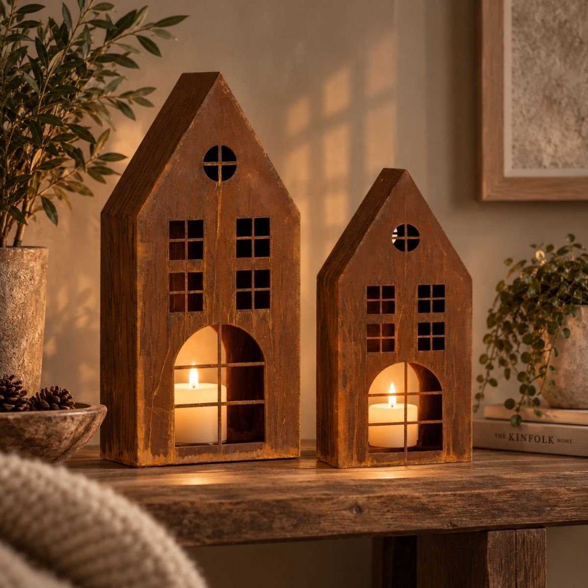 Mica Decorations Lantaarn Huis Roest Set van 2 - Decoratieve Lantaarns in Huisvorm - Sfeervolle Lantaarnset van Ijzer voor Kaars of LED-verlichting - L21 x B10 x H45 cm - Bruin — cadeau in Wonen & Interieur - foto 6