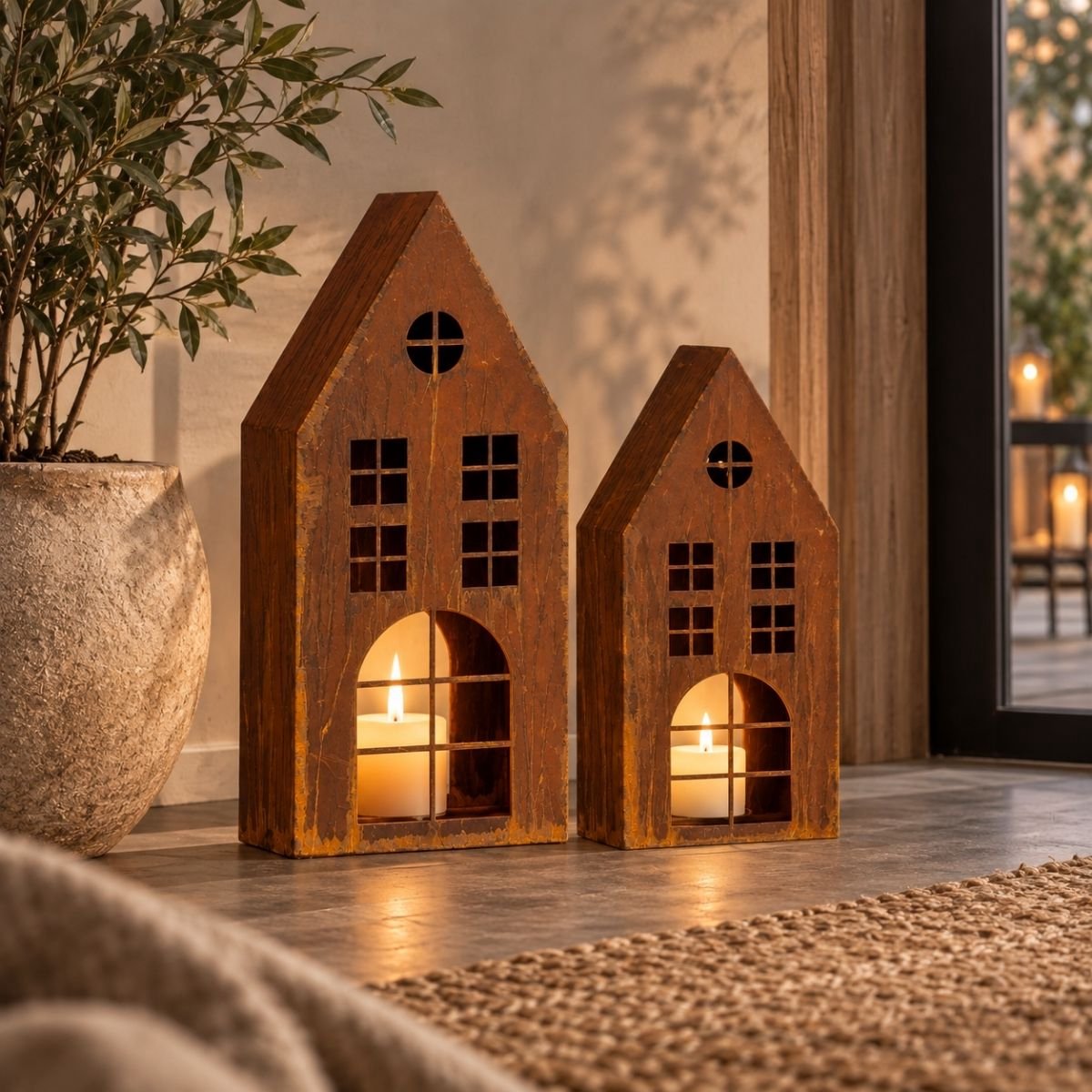 Mica Decorations Lantaarn Huis Roest Set van 2 - Decoratieve Lantaarns in Huisvorm - Sfeervolle Lantaarnset van Ijzer voor Kaars of LED-verlichting - L21 x B10 x H45 cm - Bruin — cadeau in Wonen & Interieur - foto 5