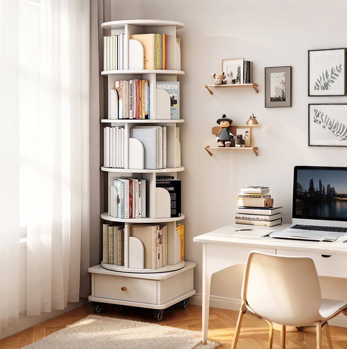 Boekenkast – 360° Draaibaar – 46 x 46 x 173 cm – MDF – Wit – Met Wielen en Lade voor Boeken