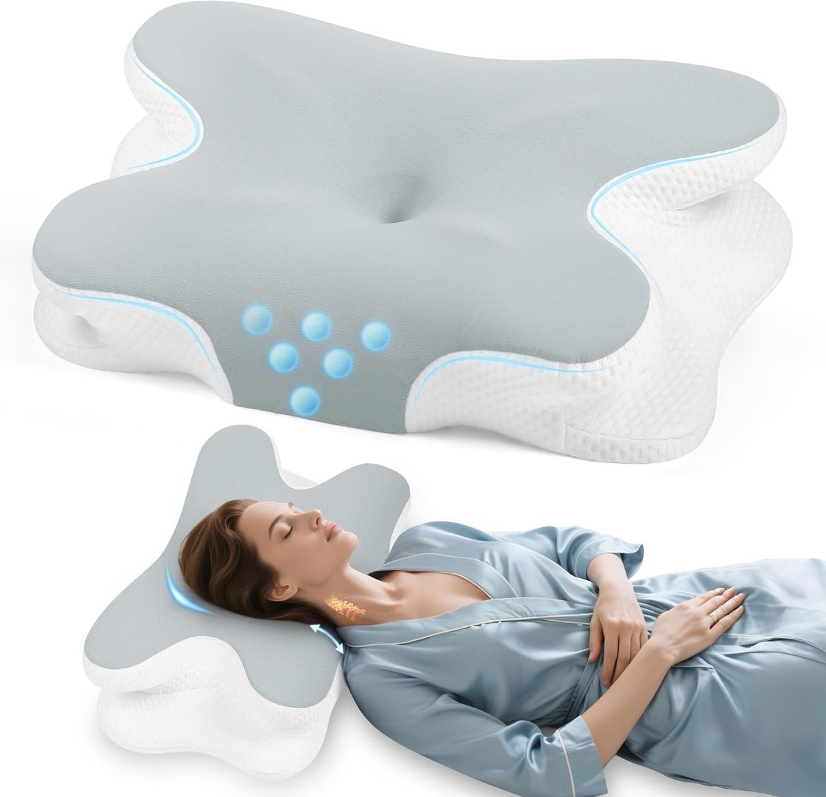 Vlindervormig Traagschuim Nekkussen - Ergonomisch, Ademende Hoes, Langzame Terugvering - Verlicht Nek- En Schouderpijn - Voor Zij-, Rug- En Buikslapers - Grijs & Wit