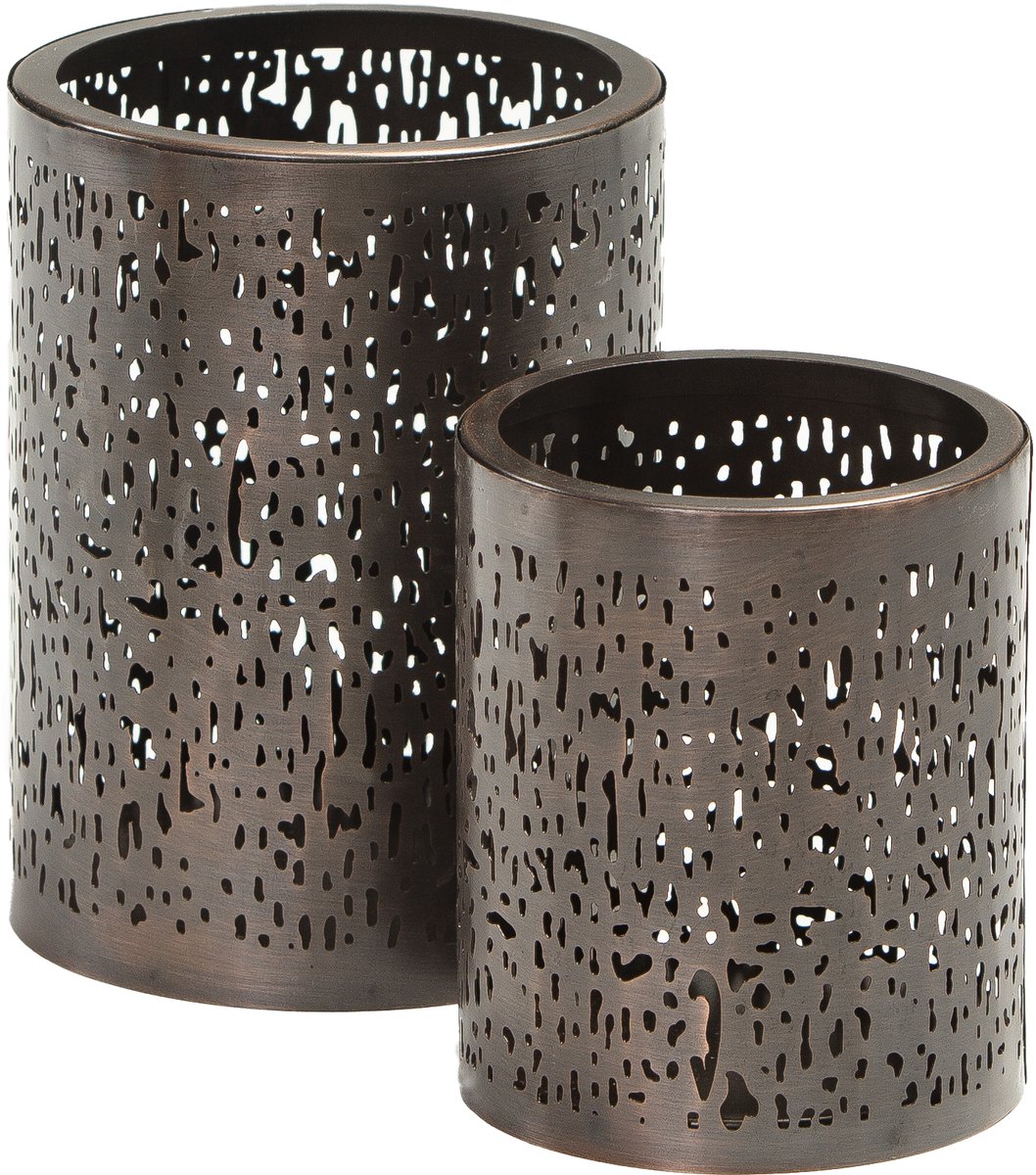 STILL Windlicht Lantaarn Set van 2 Zwart Brons Metaal 15x20cm & 13x15cm