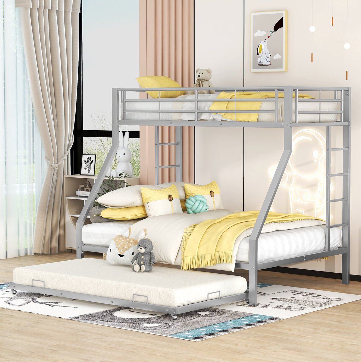 MIVRAY Stapelbed 90x200cm - Metaalbed met Uitschuifbed 140x200cm - Ladders aan Beide Zijden en Veiligheidshekken - Zilver Zonder Matras