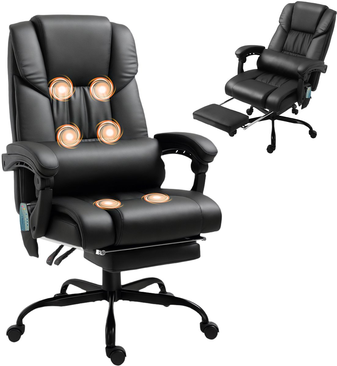 Ergonomische bureaustoel met massagefunctie, bureaustoel met voetensteun, hoge rugleuning, lendensteun, Zwart