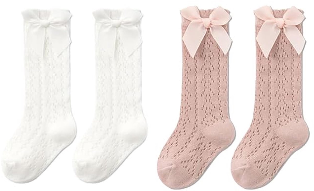 Babysokjes met strikjes tot over de knie (2 paar, wit/roze)
