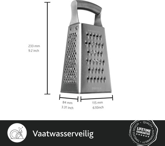 Zilverkleurige roestvrijstalen rasp met afmetingen: 233 mm hoog, 84 mm en 115 mm breed.
