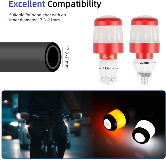 Stuurrichtingaanwijzers, USB oplaadbare LED-stuurhandvatten – indicatielampjes Geschikt voor elektrische scooters – Geschikt voor fietsen, mountainbikes, racefietsen en fietsers (rood en wit). — afbeelding 2