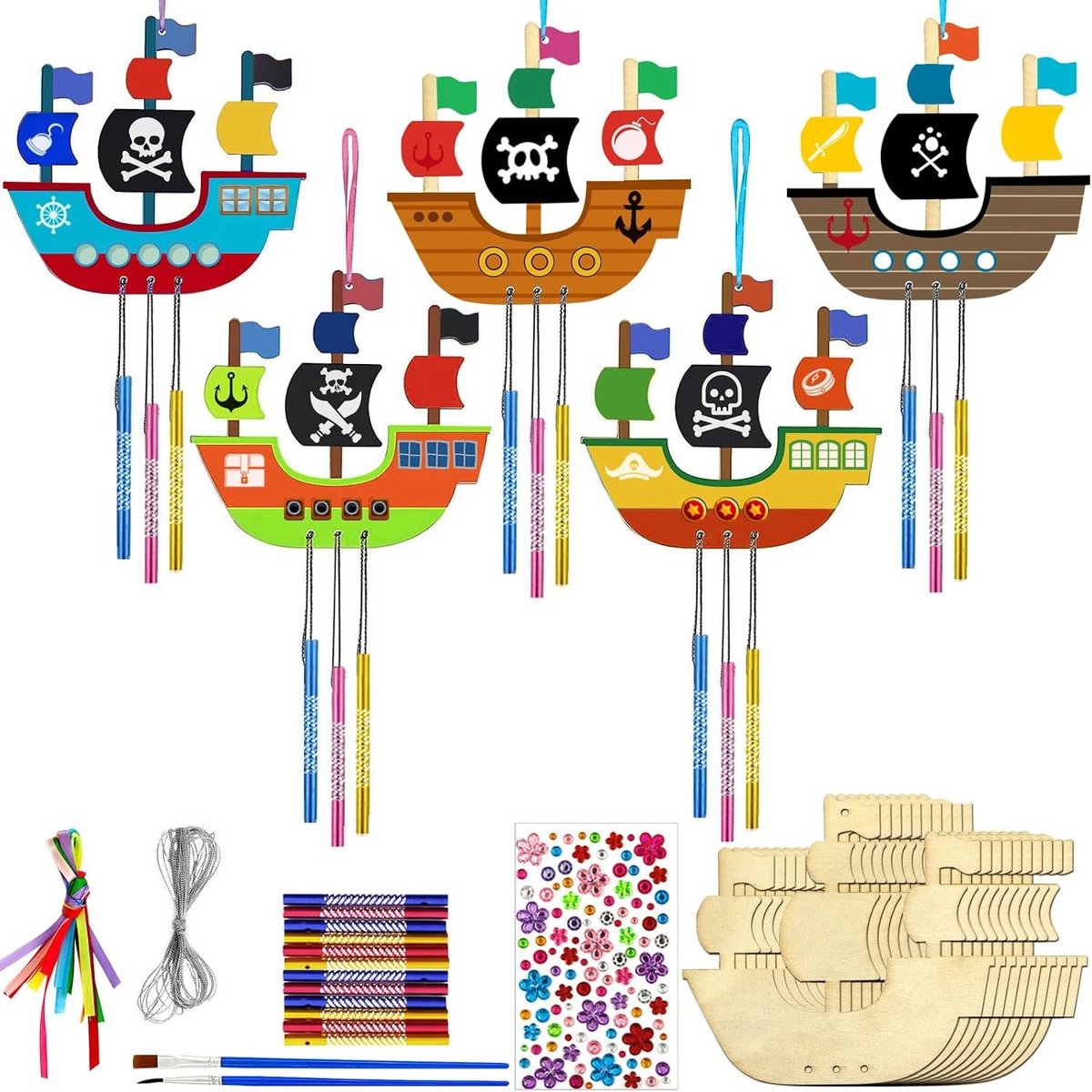 Piratenboot Knutselset met 10 Onderdelen, Creatieve Windspel, Hout en Stickers, Geschikt voor 15 Jaar en Oudere Kinderen