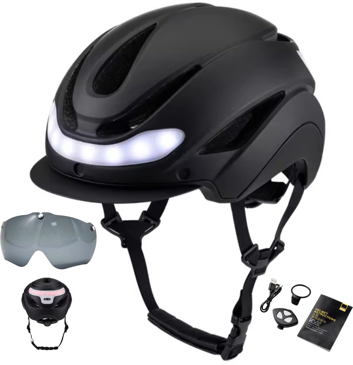 Fietshelm met verlichting, knipperlicht en richtingaanwijzer, USB oplaadbaar en met afstandsbediening. Lichtgewicht fietshelm voor volwassenen met vizier, ideaal voor dames en heren en geschikt als fietsaccessoire voor brede banden.