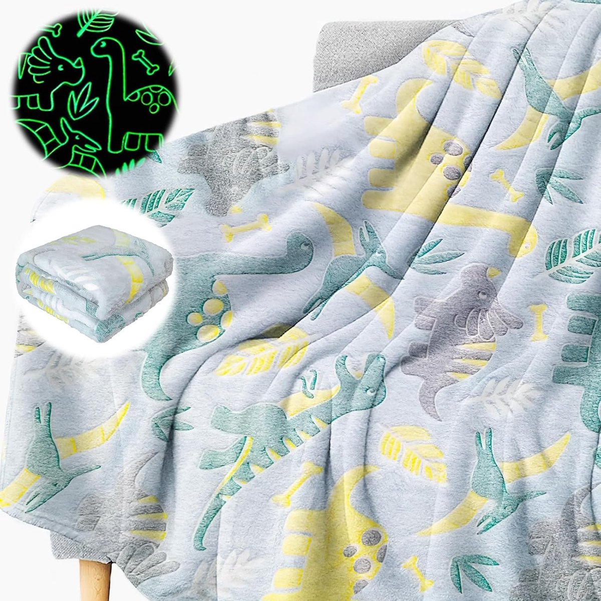 Cuddly Dekentje dat Oplicht in het Donker, 135 x 160 cm, Dinosaurus en Eenhoorn Motief, Perfect voor Kinderen van 1 tot 8 Jaar, Ideaal als Verjaardagscadeau en Voor Knuffelmomenten